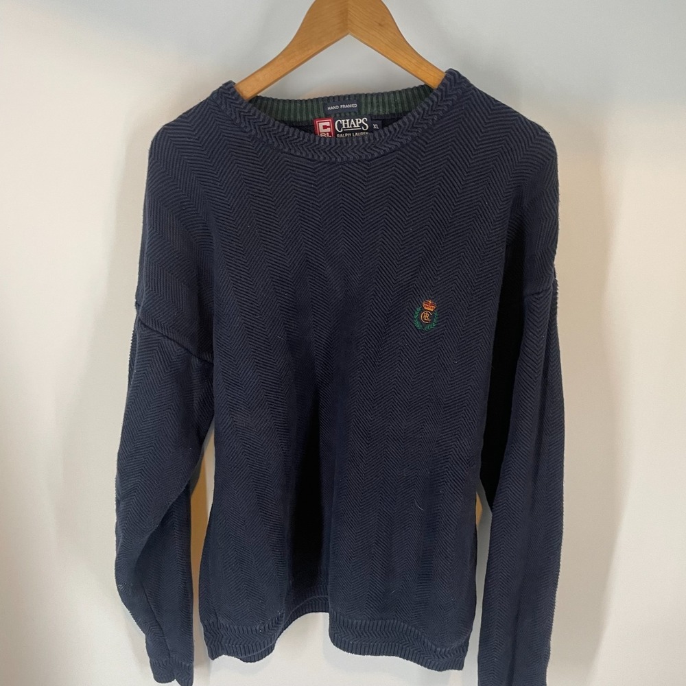 Chaps Ralph Lauren Hand-Framed Herringbone Pullover Sweater Navy Blue Size XL